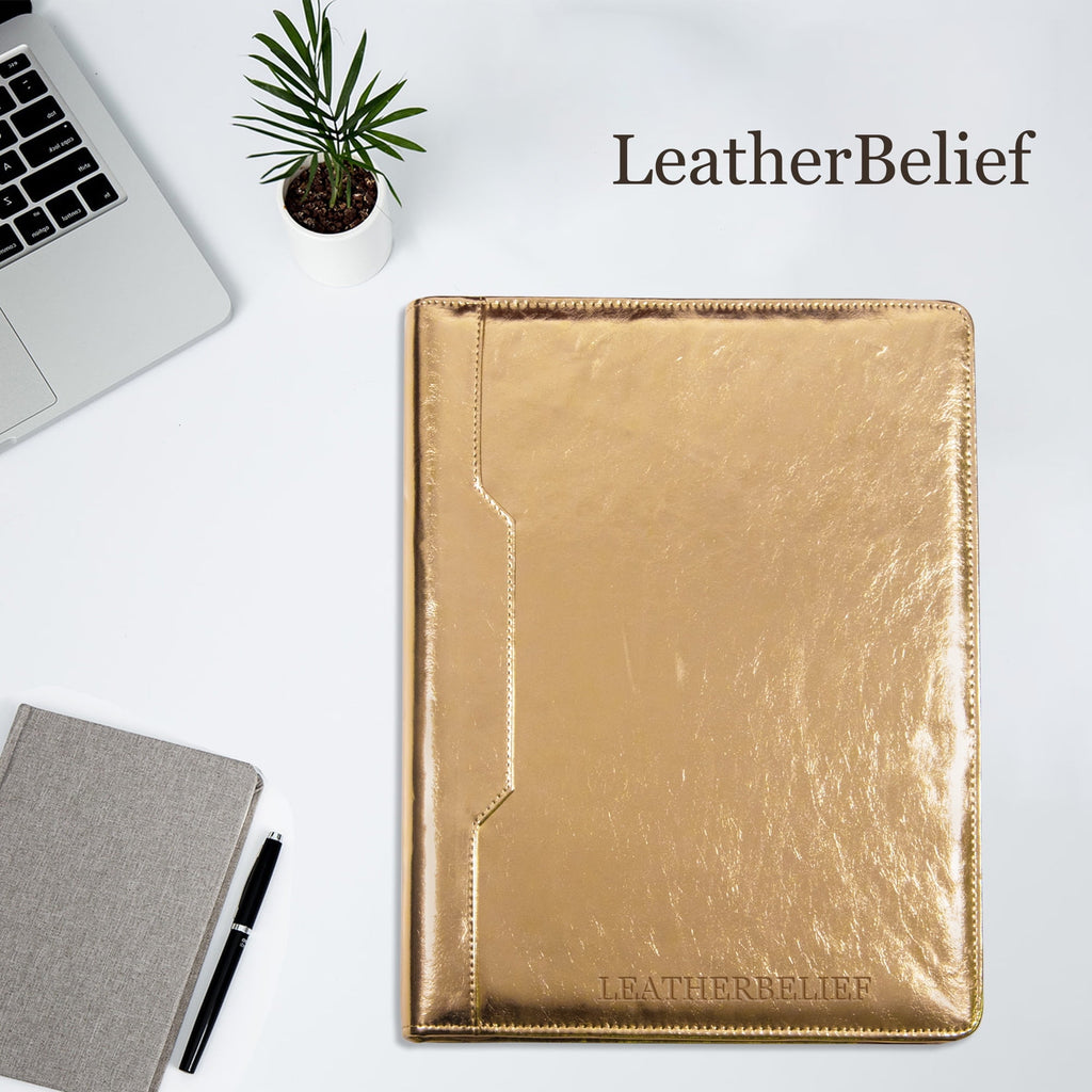Spotlight Golden Portfolio 3 Ring Binder, Vegan Leather Portfolio Binder with Zipper, Business Padfolio Organizer Notepad Holder,Folder with