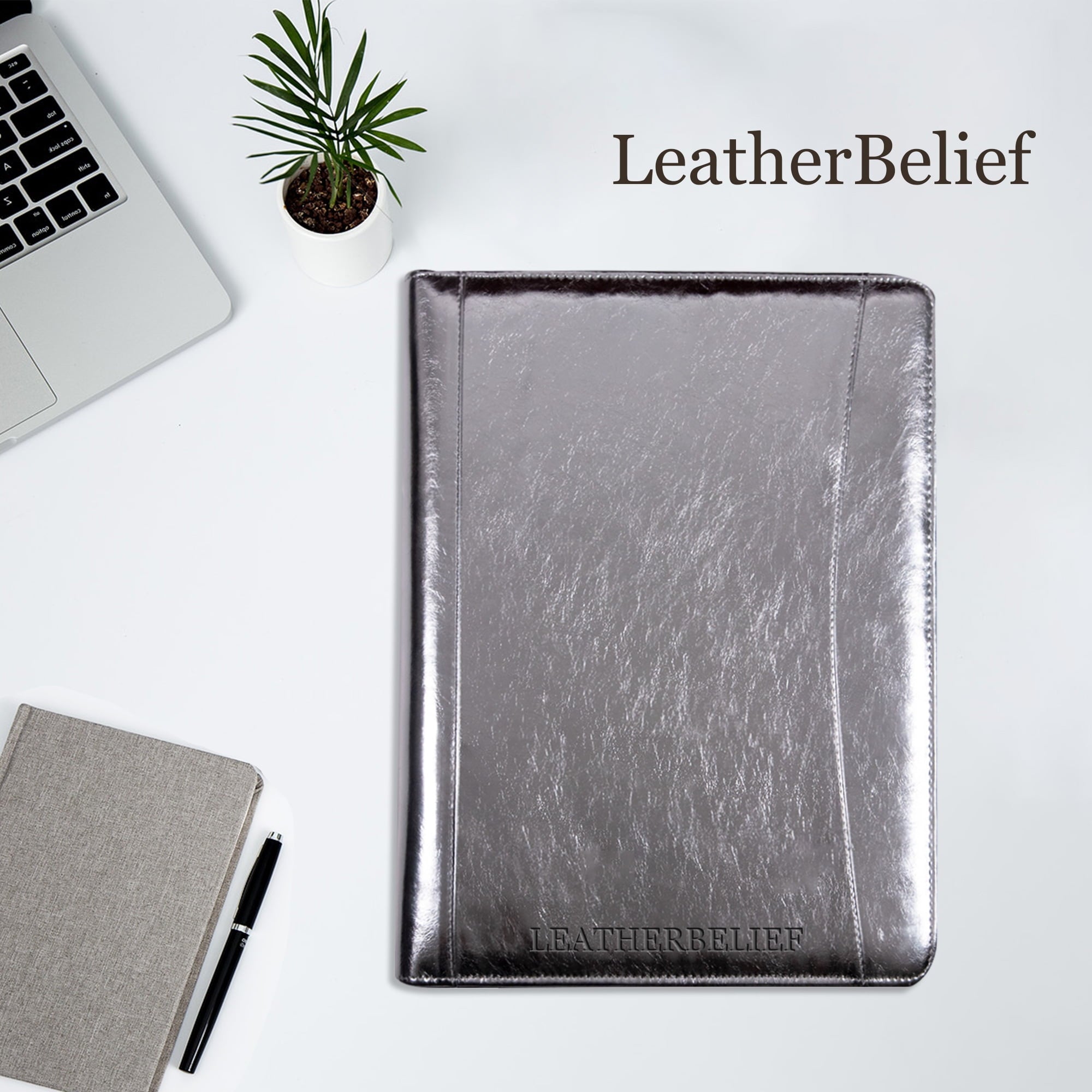 LeatherBelief Classic Silver Portfolio 3 Ring Binder,Vegan Leather Portfolio Binder with Zipper,Business Padfolio Organizer Notepad Holder,F
