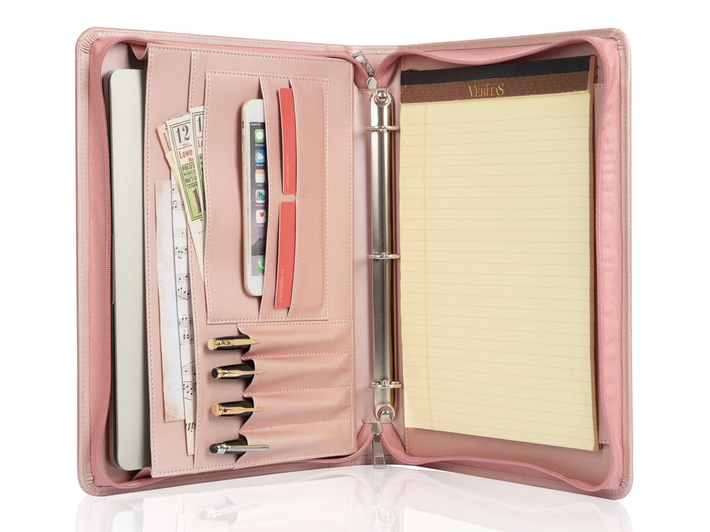 Portfolio 3 Rings Binder,Zipper PU Leather Padfolio, Business Organizers with A4 Legal Pads, Gift for Him Pink