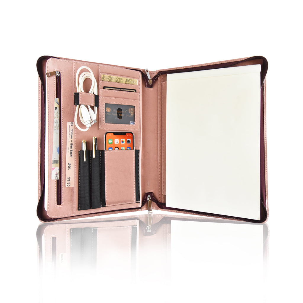 LeatherBelief Vegan Leather Padfolio with Zipper, Professional Business Portfolio with A4/US Letter Writing Pad for Interview, Pink Leather
