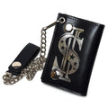 Genuine Leather Men Dollar Trifold Wallet Chain Biker, Black