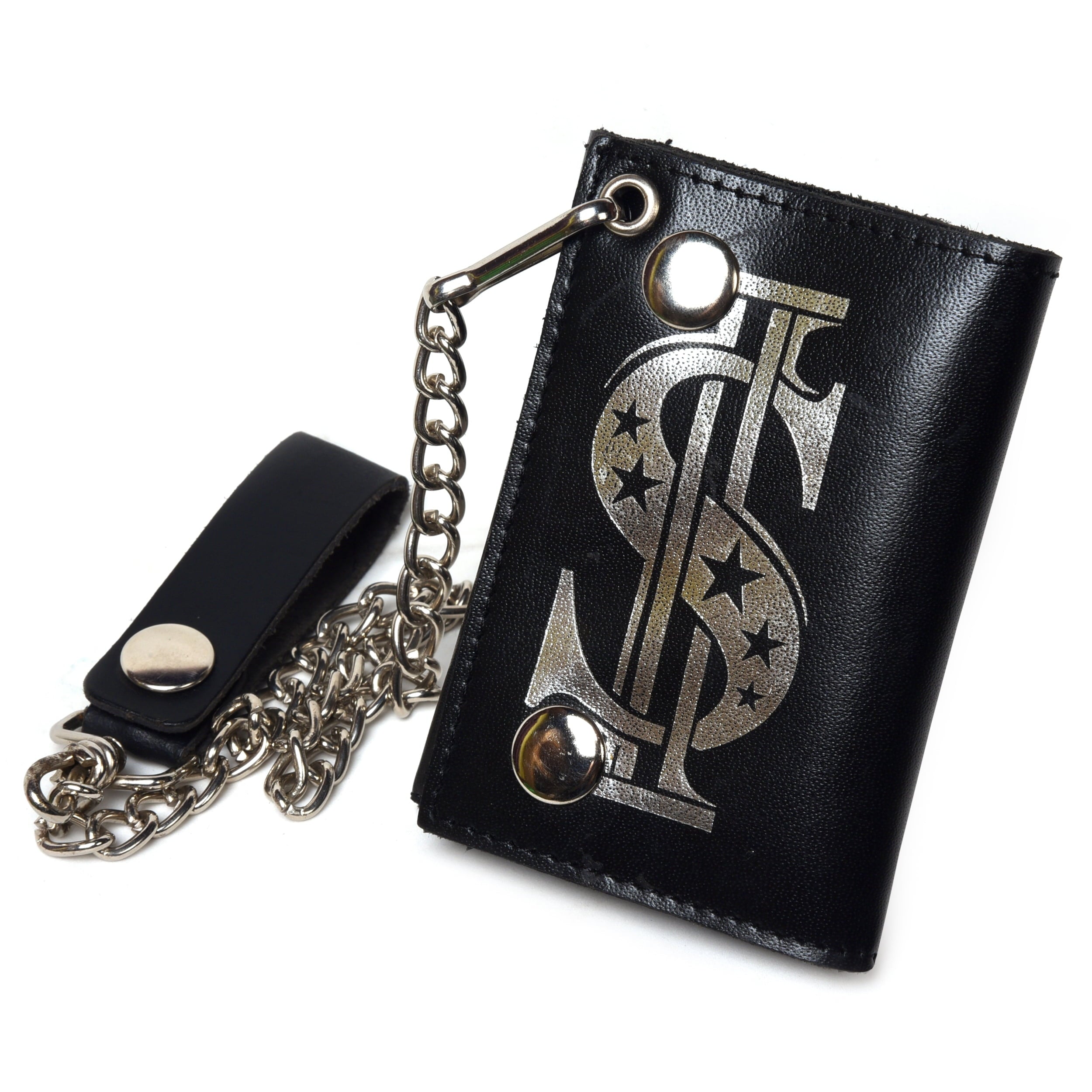 Genuine Leather Men Dollar Trifold Wallet Chain Biker, Black