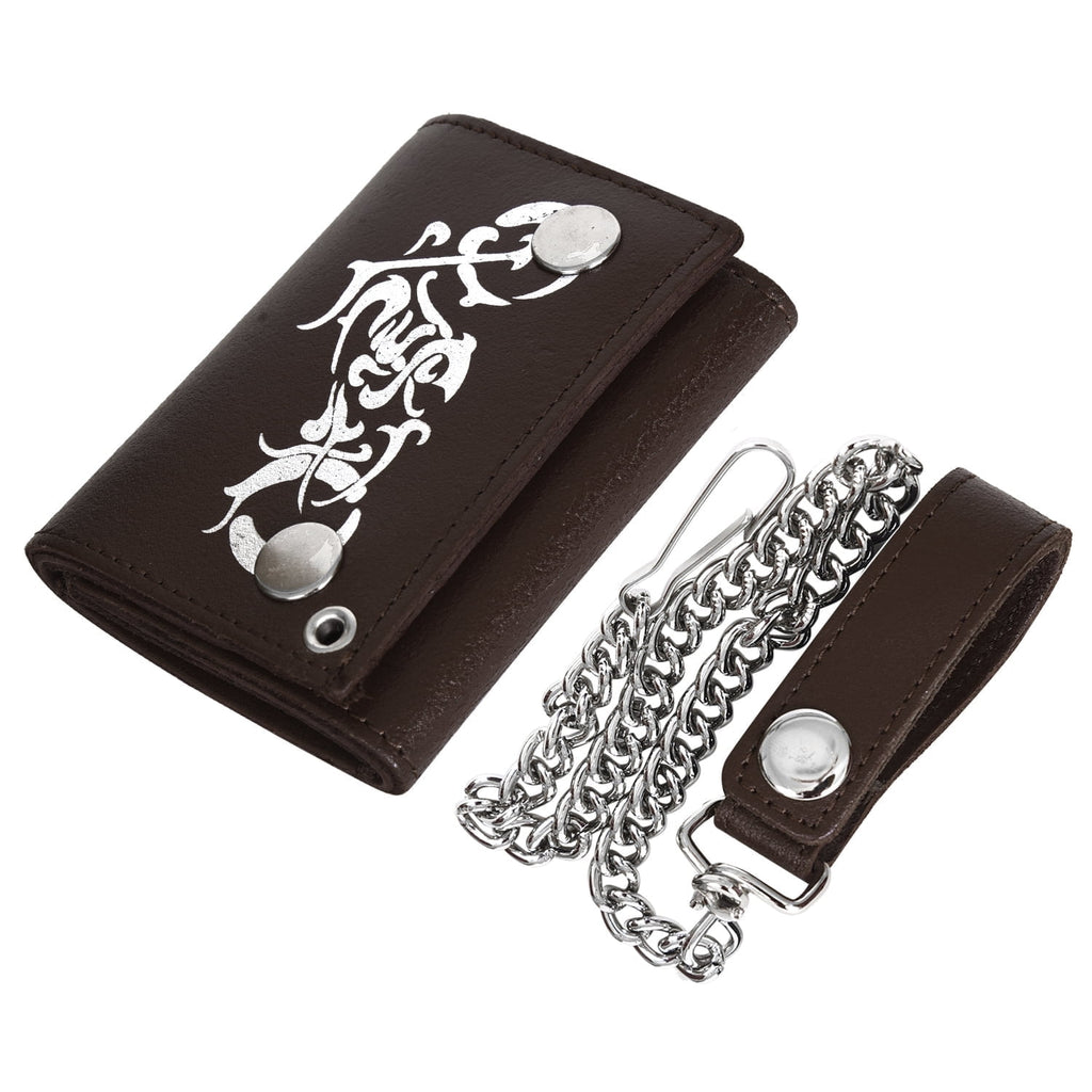 Genuine Leather Men Motorcycle Trifold Wallet Chain Biker, Dark Brown