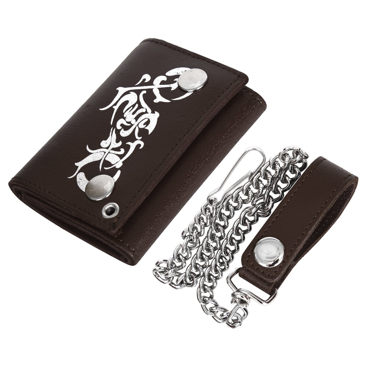 Genuine Leather Men Motorcycle Trifold Wallet Chain Biker, Dark Brown