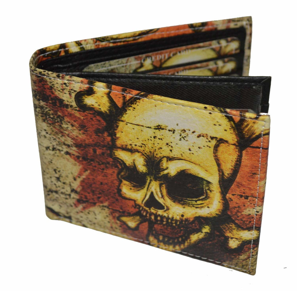 Vegan Leather Men's Bifold Exotic Wallet with Skull Print and Gift Box