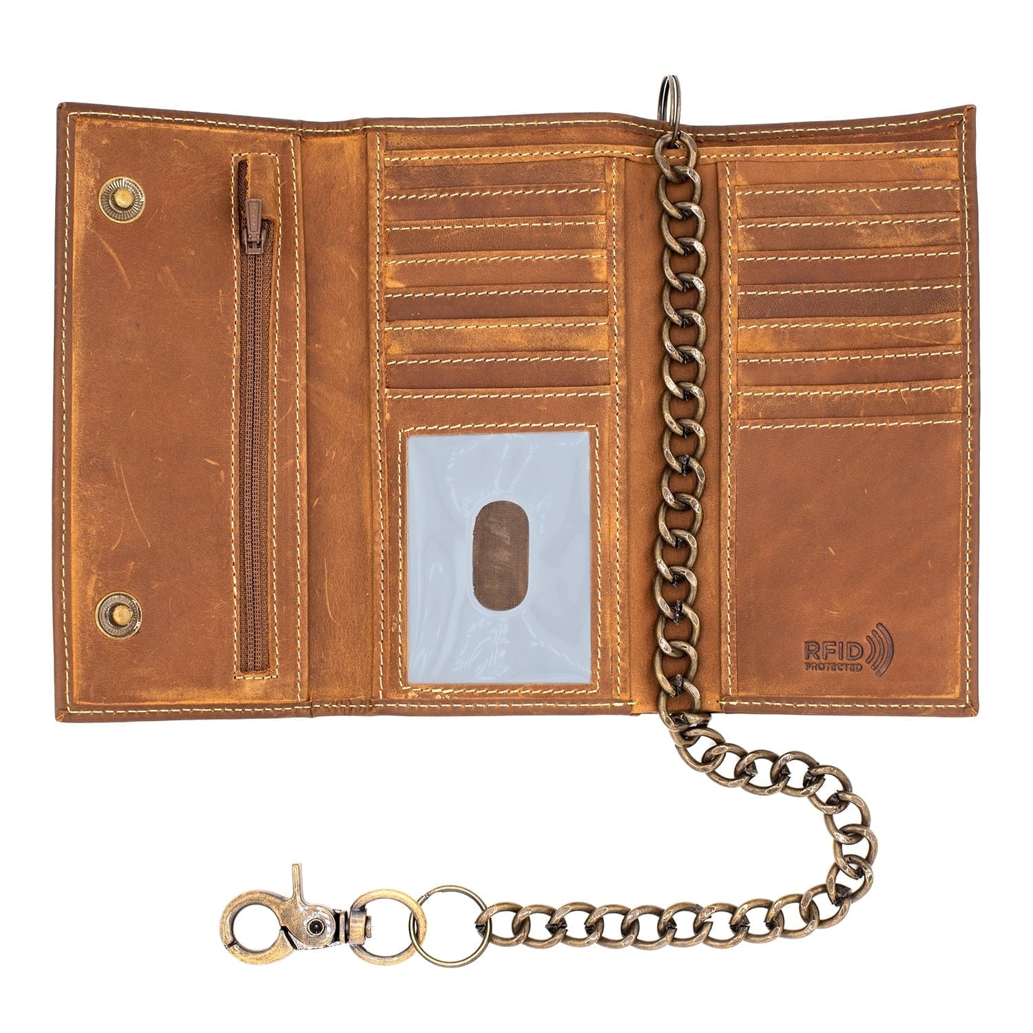 Long Trifold RFID Blocking, Credit Card Money Organizer, Top Bill Slot, Leather Biker Trifold Chain Wallet Long Check...
