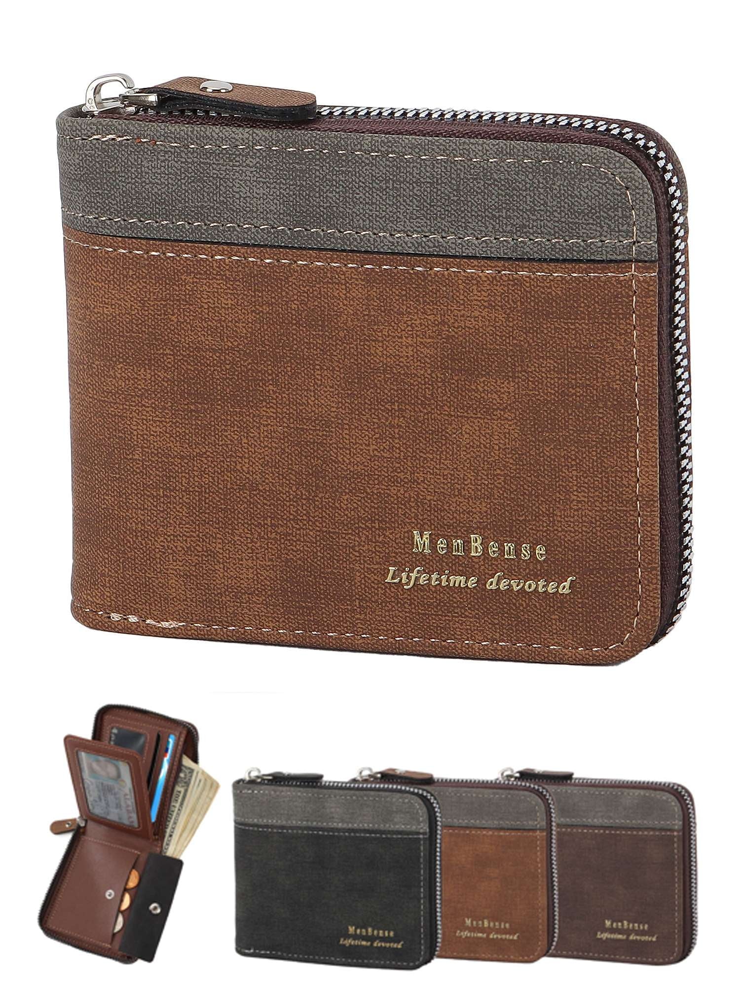 Genuine Leather Wallet Coin Pocket for Men Large Capacity ID Window Card Case with Zip (Brown)