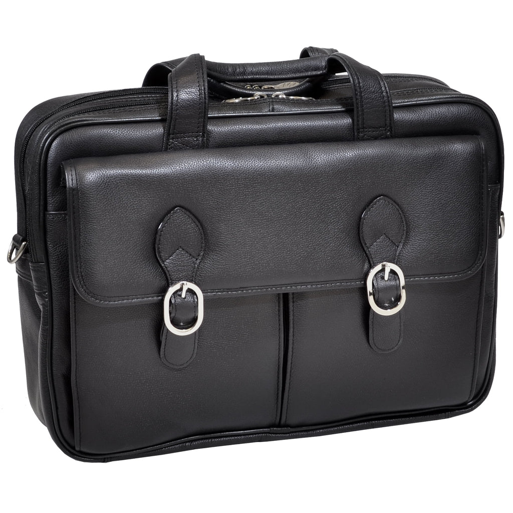 Double Compartment Laptop Briefcase, Top Grain Cowhide Leather, Black