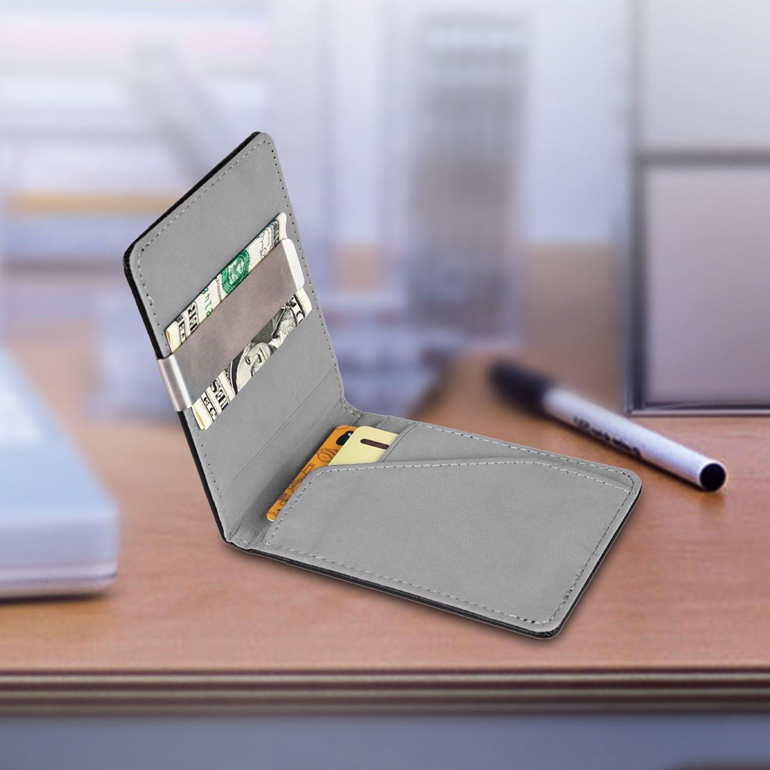 Men’s Bifold Synthetic Leather ID Wallet with Money Clip - Grey Liner