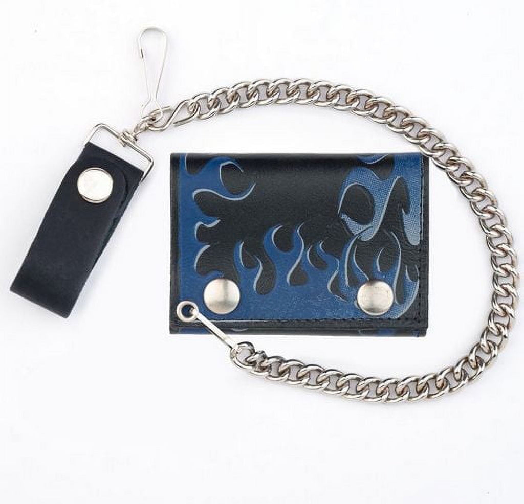 Men's Blue Flames Leather Tri-Fold Biker Chain Wallet
