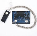 Men's Blue Flames Leather Tri-Fold Biker Chain Wallet