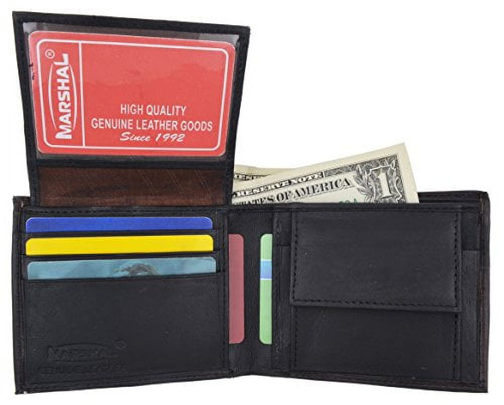Men's Genuine Leather Bifold ID Credit Card Holder Wallet W/Coin Pouch (Black)