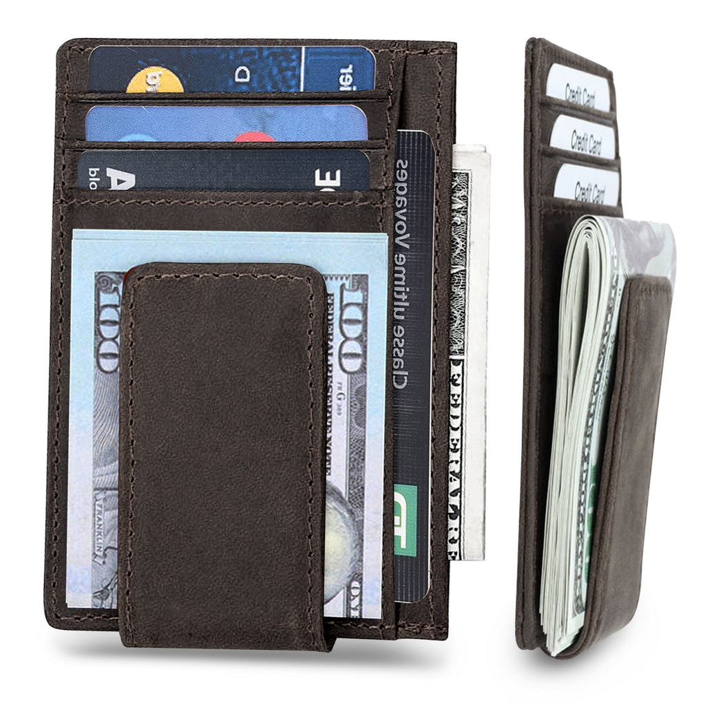 Men's Leather Money Clip, RFID Blocking Wallet, Slim and Magnetic Card Holder, Minimalist Card Case, Coffee