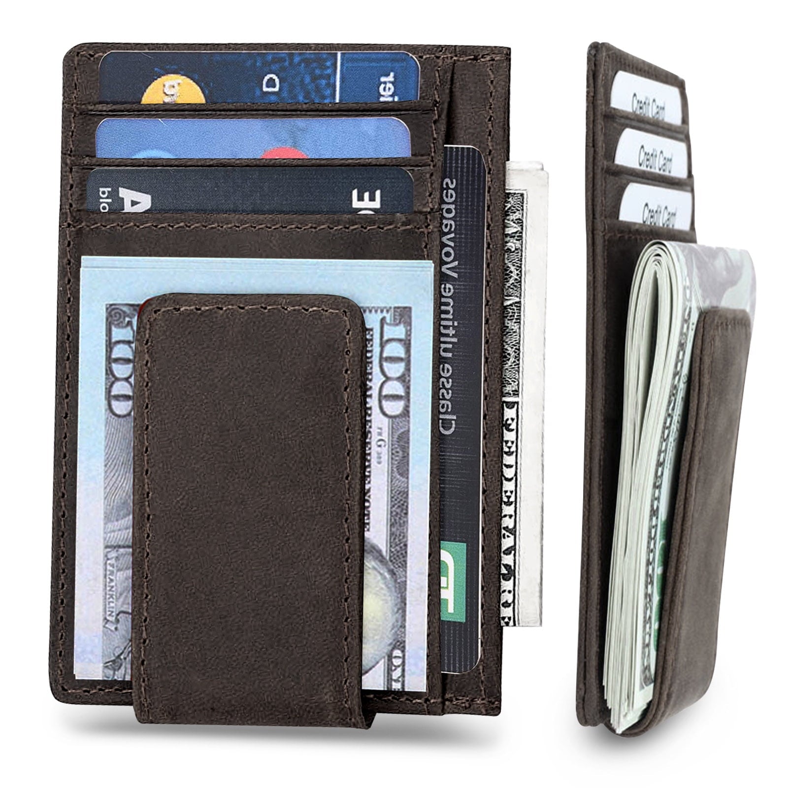 Men's Leather Money Clip, RFID Blocking Wallet, Slim and Magnetic Card Holder, Minimalist Card Case, Coffee