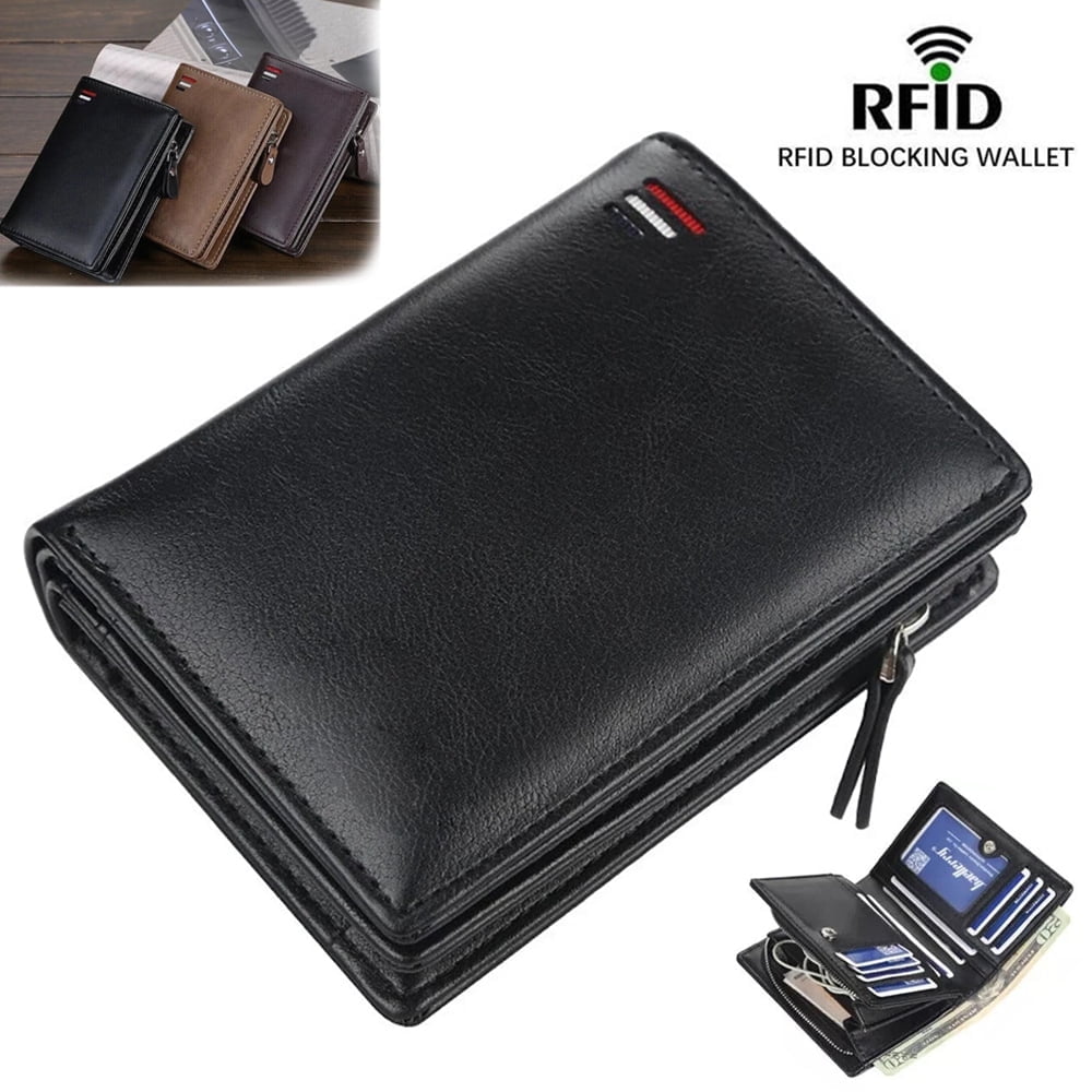 Men's Leather RFID Blocking Wallet with Zipper - Credit Card Holder & ID Purse. (Black)