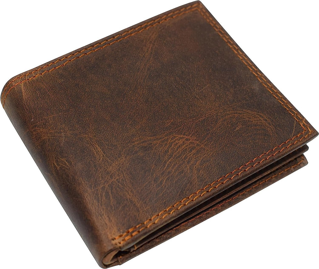 Men's RFID Blocking Vintage Leather Center Flap Bifold Credit Card ID Wallet for Men Brown