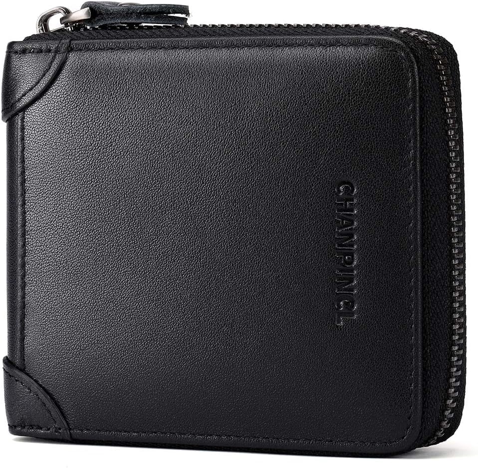 Mens Genuine Leather Zipper Wallet RFID Secure Large Capacity Double Fold Multi-card Leather Wallets for Men and coin purse