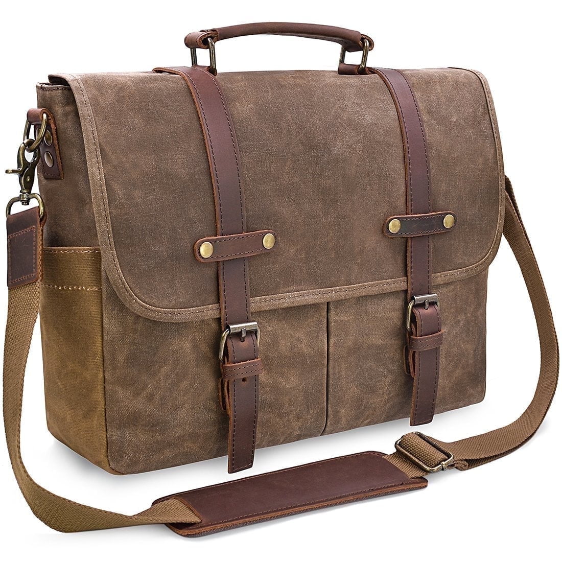 Mens Messenger Bag 15.6 Inch Waterproof Vintage Genuine Leather Waxed Canvas Briefcase Large Leather Computer Laptop ...