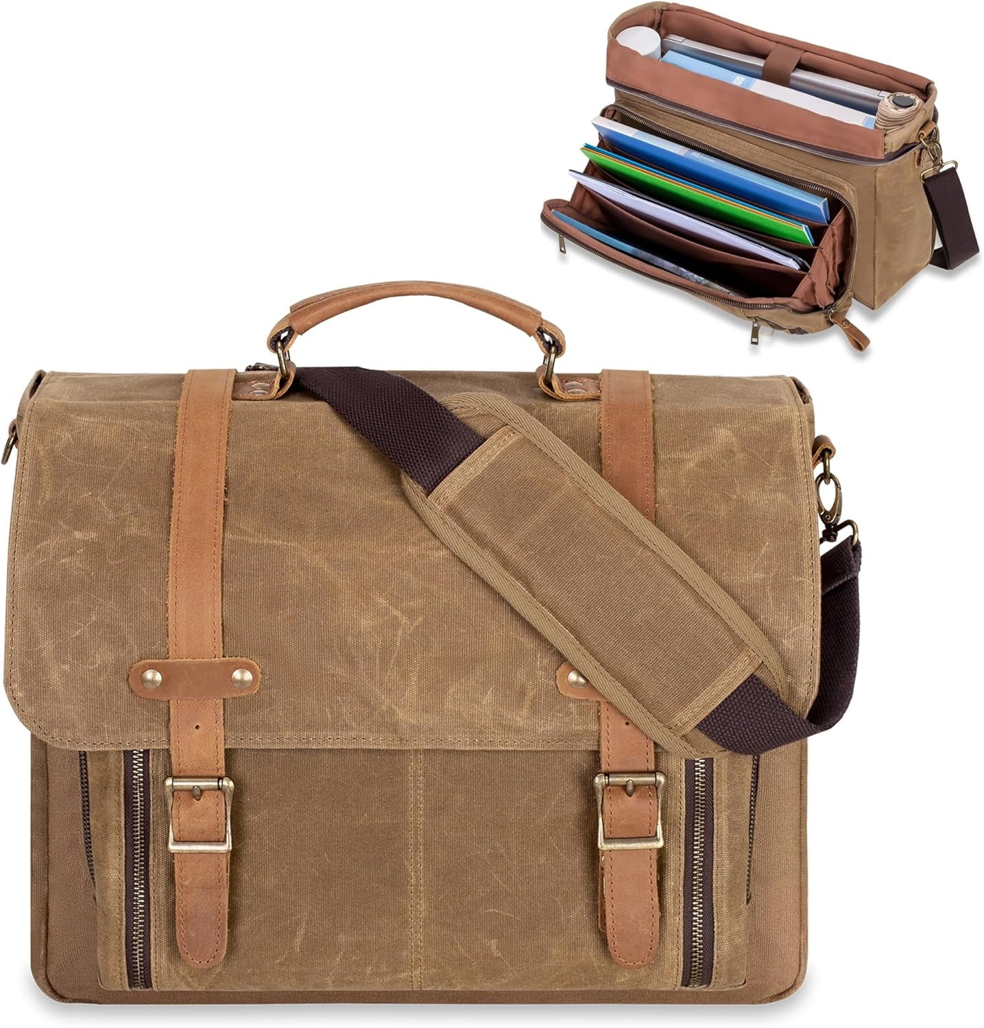 Mens Messenger Bag with Accordion File , Vintage Leather Waxed Canvas Briefcase Fits 17 inch Laptop, Waterproof body ...