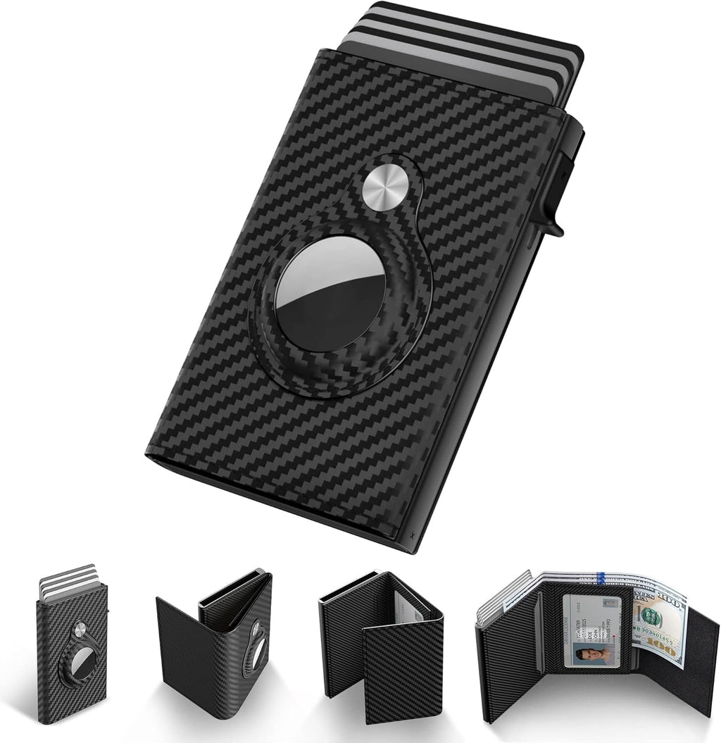 Mens Smart Wallet Card Holder for AirTag: Leather, Compatible with Apple Air Tag, RFID Blocking, Slim, Carbon Fiber, ...