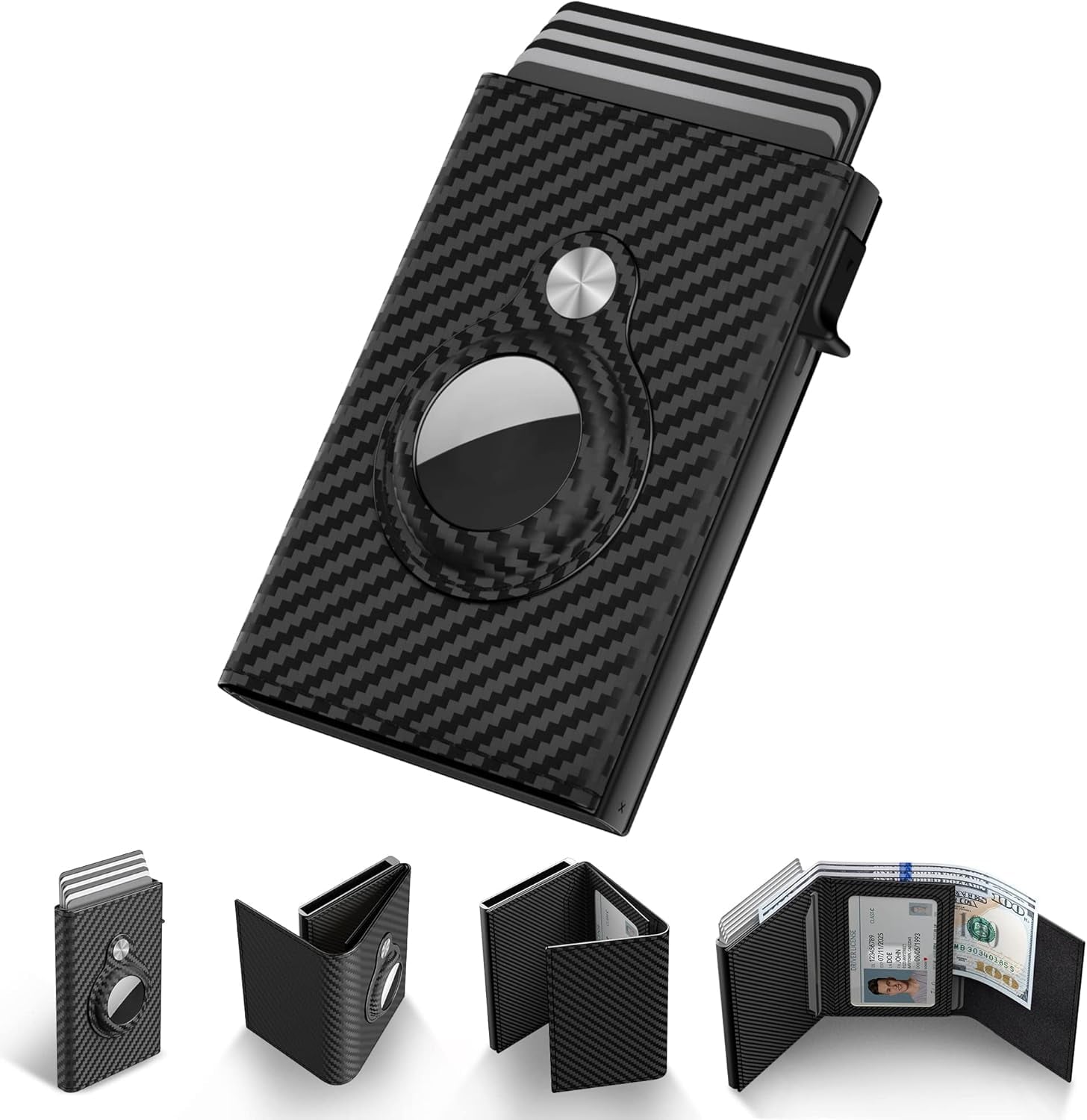 Mens Smart Wallet Card Holder for AirTag: Leather, Compatible with Apple Air Tag, RFID Blocking, Slim, Carbon Fiber, ...