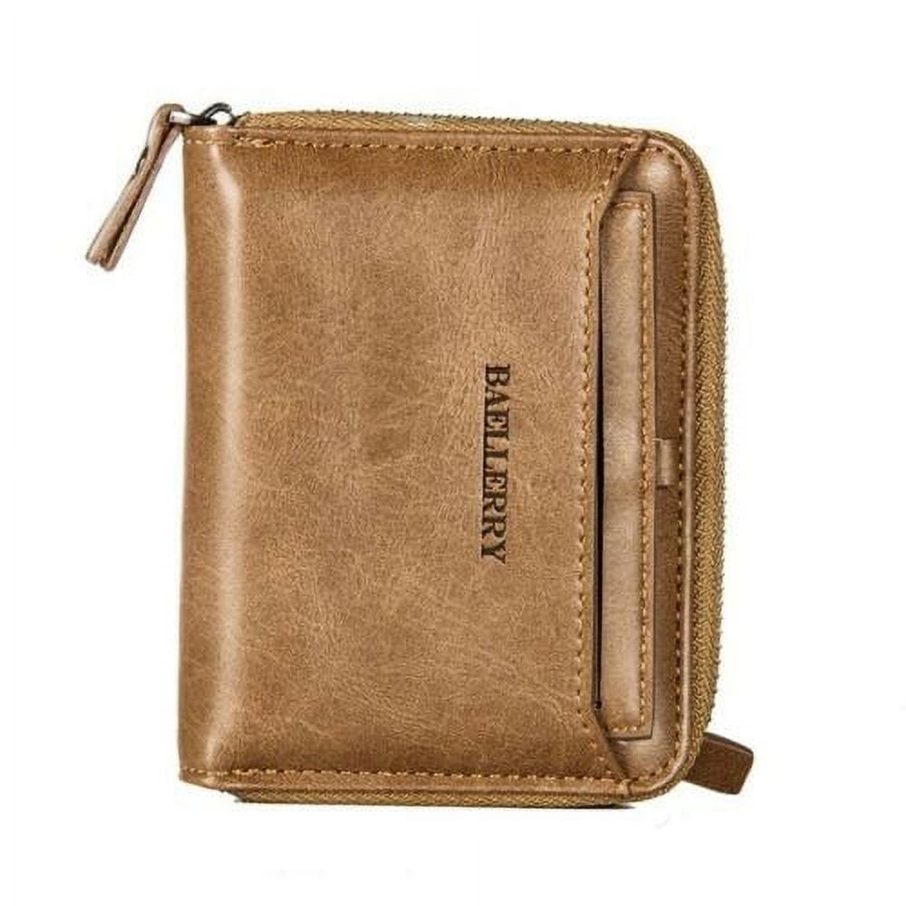 DT Men's Mens Brown Leather Bifold Credit ID Card Holder Wallet with Zipper Coin Pocket Purse