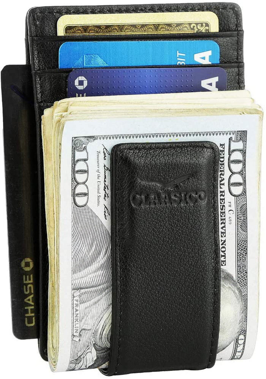 Money Clip Leather Wallet For Men Slim Front Pocket RFID Blocking Card Holder With Super Strong Magnetic