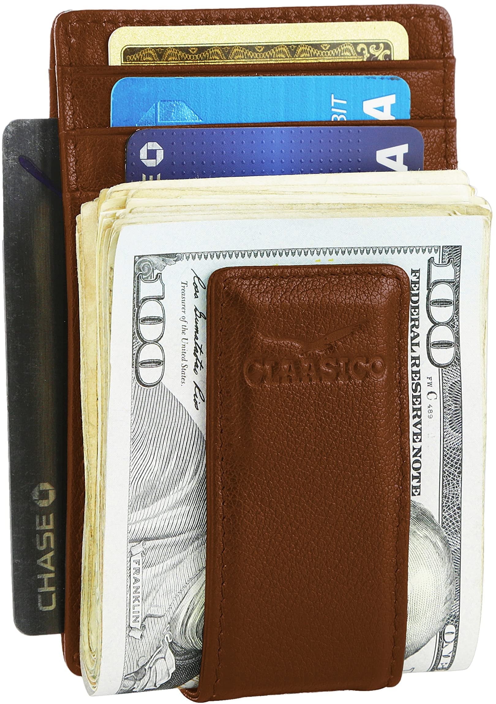 Money Clip Leather Wallet For Men Slim Front Pocket RFID Blocking Card Holder With Super Strong Magnetic