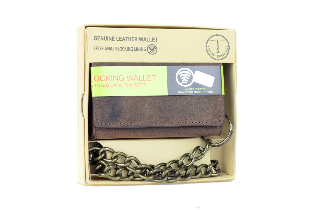Men's RFID Signal Blocking Tri-Fold Motorcycle Wallet in Brown Distressed Genuine Leather with Antique Brass Color Chain