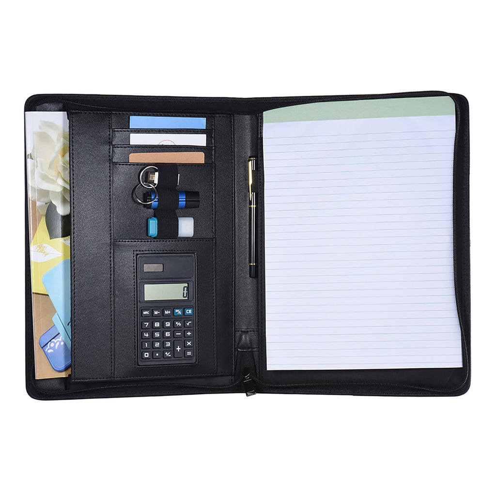 Professional Business Portfolio Padfolio Folder Document Case Organizer A4 PU Leather Zippered Closure with Calculato...