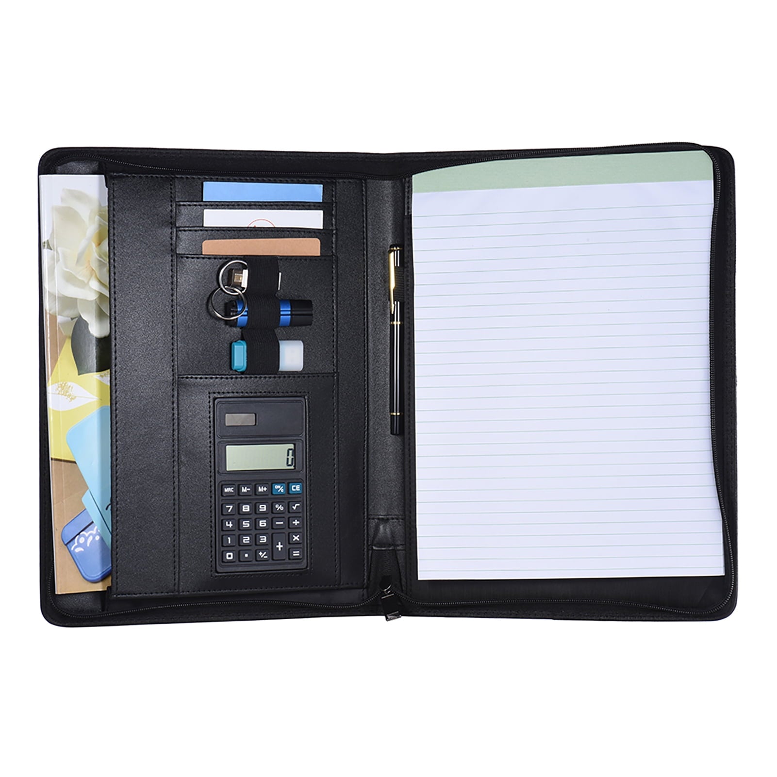 Professional Business Portfolio Padfolio Folder Document Case Organizer A4 PU Leather Zippered Closure with Calculato...