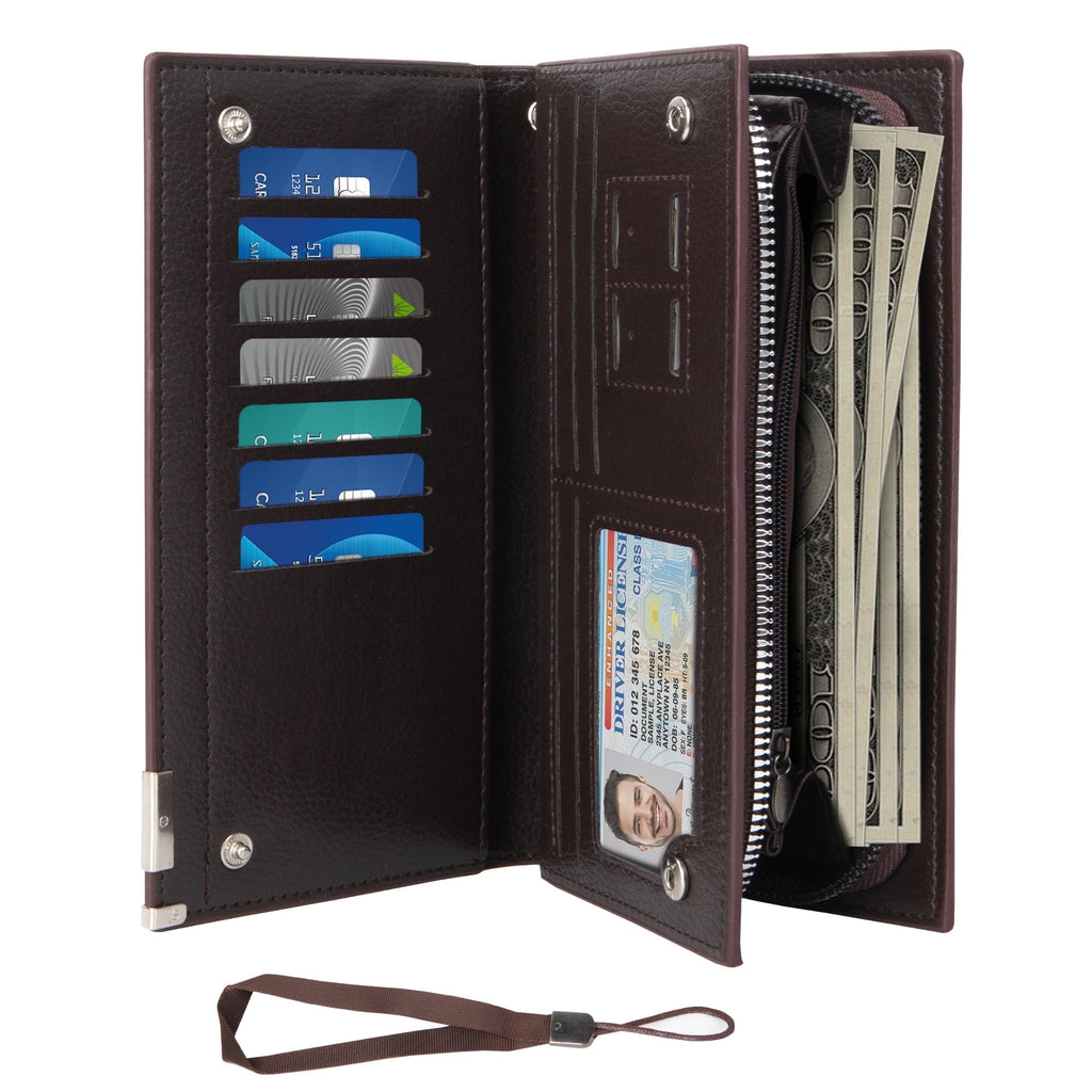 Mens Wallet Genuine Leather, Long Zipper Wallet RFID Blocking Bifold Secure Zip Around Wallets 14 Credit Card Holder ...