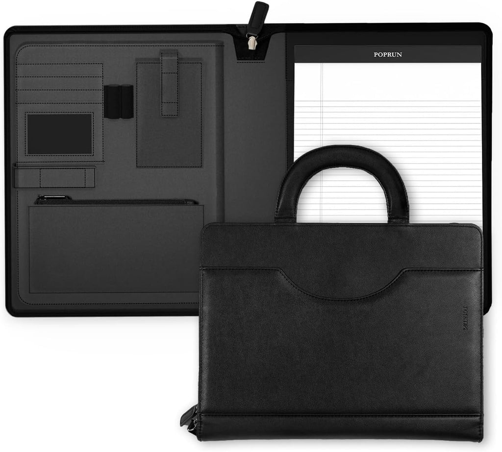 POPRUN Professional Zippered Portfolio Binder - Leather Padfolio Organizer with Notepad, Tablet Sleeve & Handles for ...