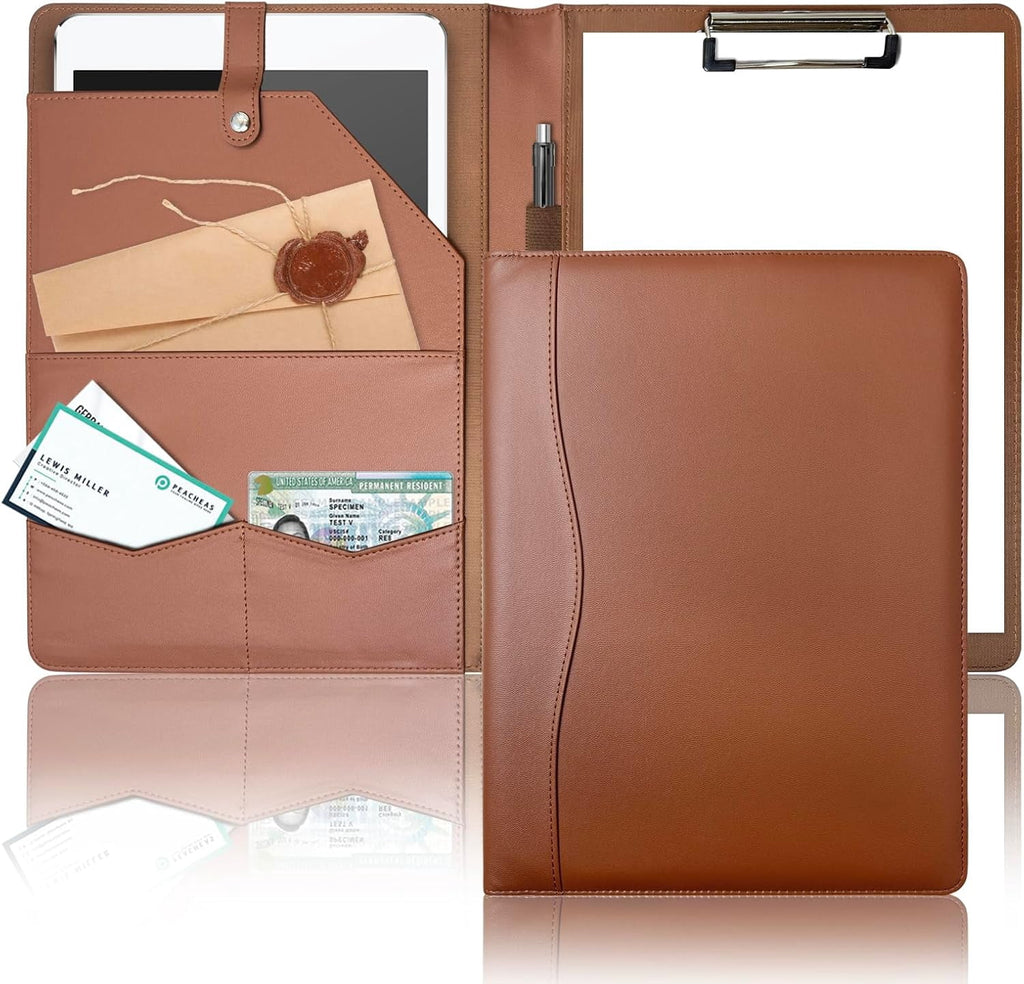 Leather Clipboard Folder Briefcase Loose-Leaf with Cover Brown Folder with Pockets Resume Folder for Business Office ...