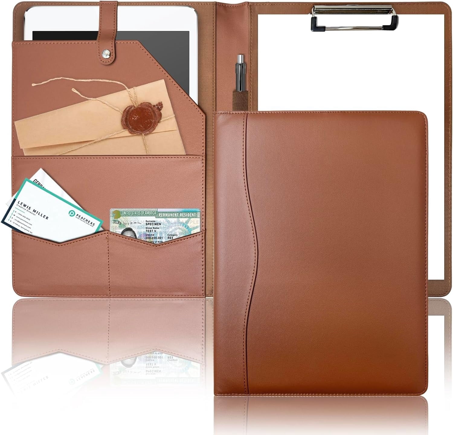 Leather Clipboard Folder Briefcase Loose-Leaf with Cover Brown Folder with Pockets Resume Folder for Business Office ...