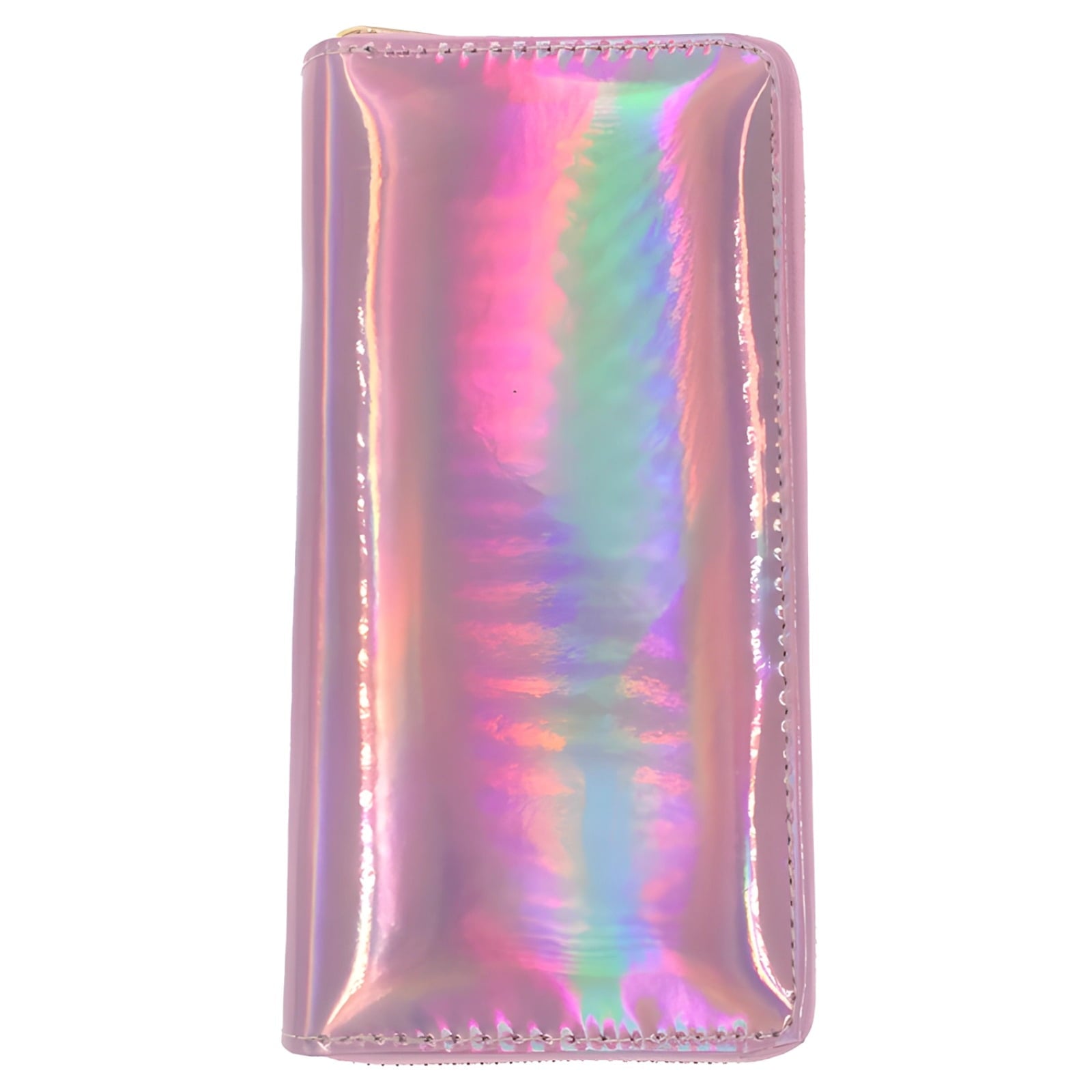 Pink Rainbow Laser Design Wallet, Long Iridescent PU Leather Clutch with Zipper, Slim Card Holder Purse for Women, 7.5 x 3.9 x 0.9 in / 19 x