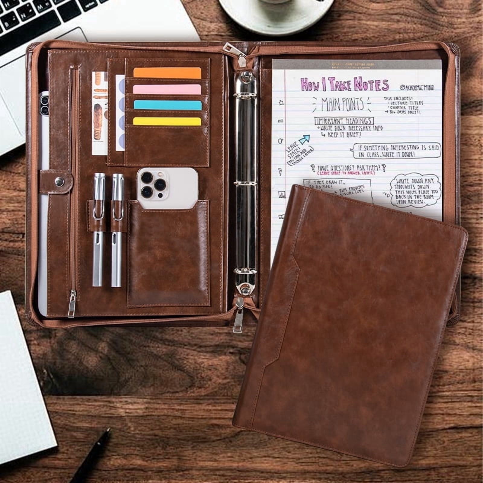 A4 Business Padfolio Binder with Zipper, Vegan Leather Professional Portfolio Organizer with 3-Ring Binder, Notepad & Resume Holder for Meet