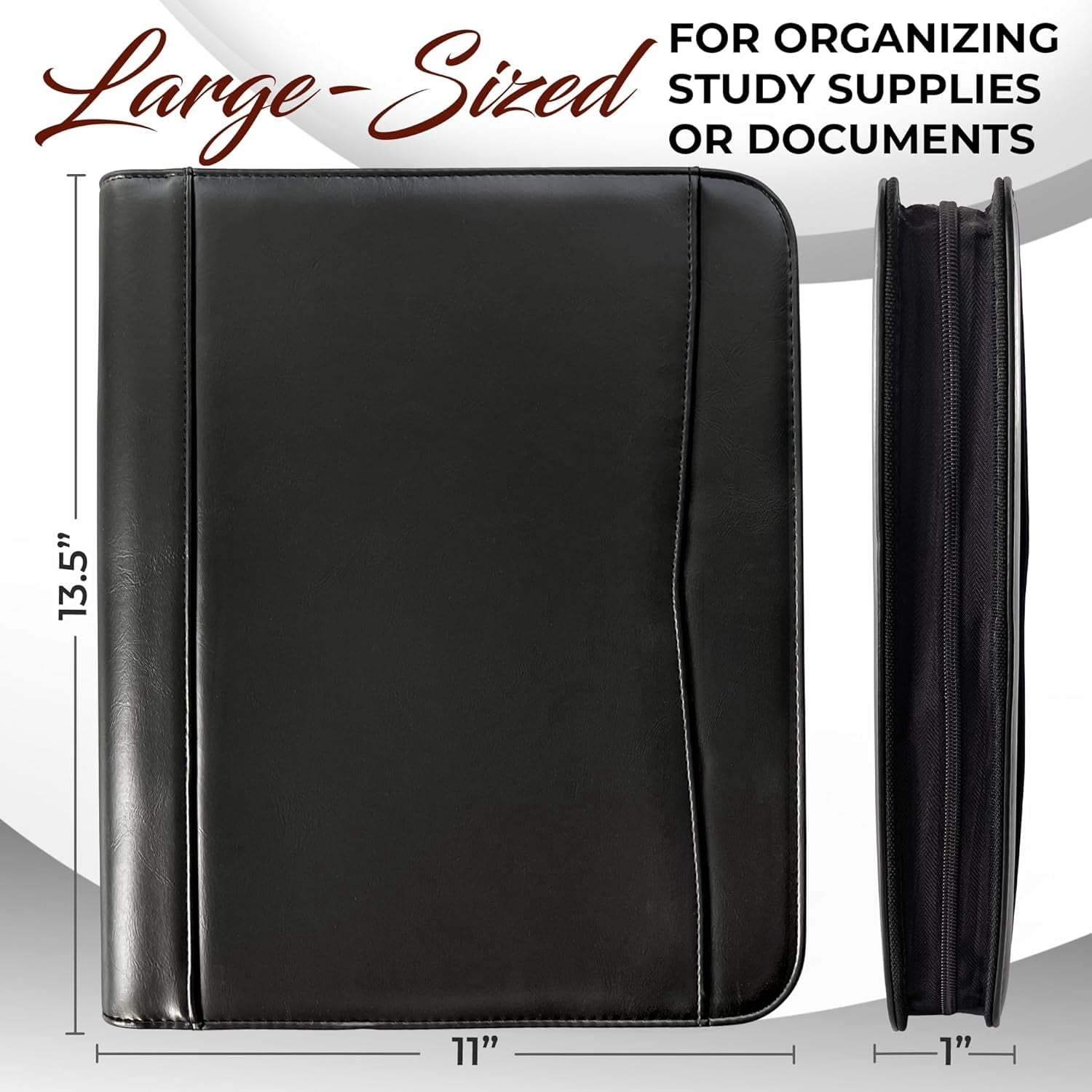Premium Leather Padfolio Portfolio for Men Women - Black Business Binder with Zipper & Pen Slots
