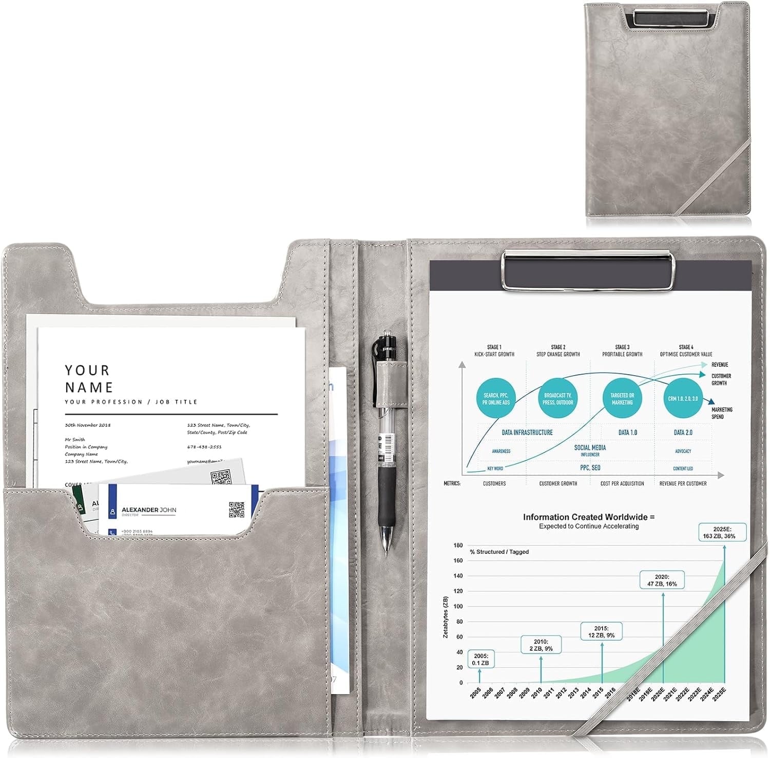 Leather Clipboard Folder Portfolio Business Padfolio Organizer Letter Size Professional Folder -Grey