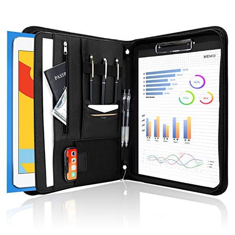 Portfolio Binder, Leather Padfolio File Folder Zipper Notepad Business Legal Document Holder with Tablet Sleeve, Phon...