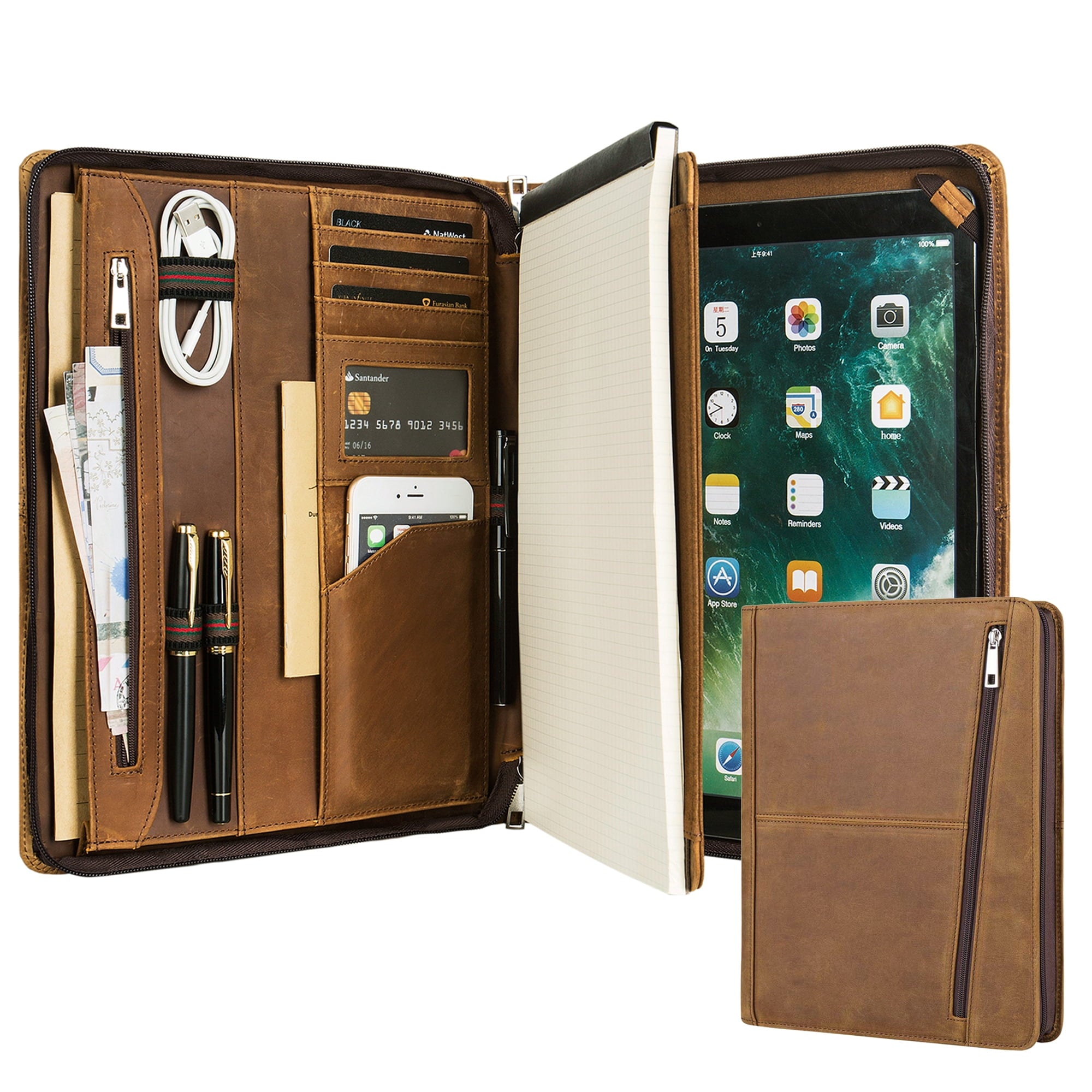 Professional Slim Padfolio Organizer Genuine Leather Compact Portfolio Case with Letter Size (A4) Paper Notepad, Business Carrying Case (9.7