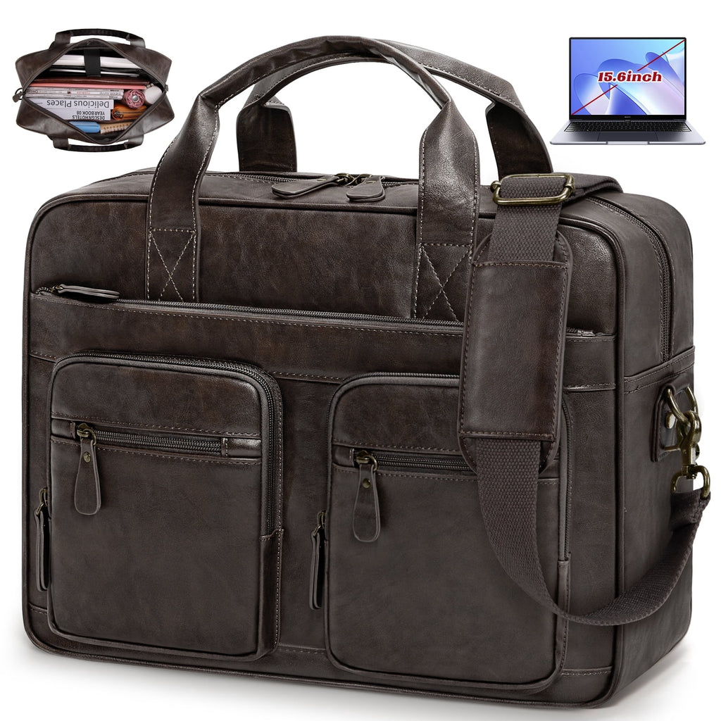 15.6 Inch Messenger Bag for Men Vintage PU Leather Laptop Bag Waterproof Computer Briefcases for Men Retro Mens Brief...