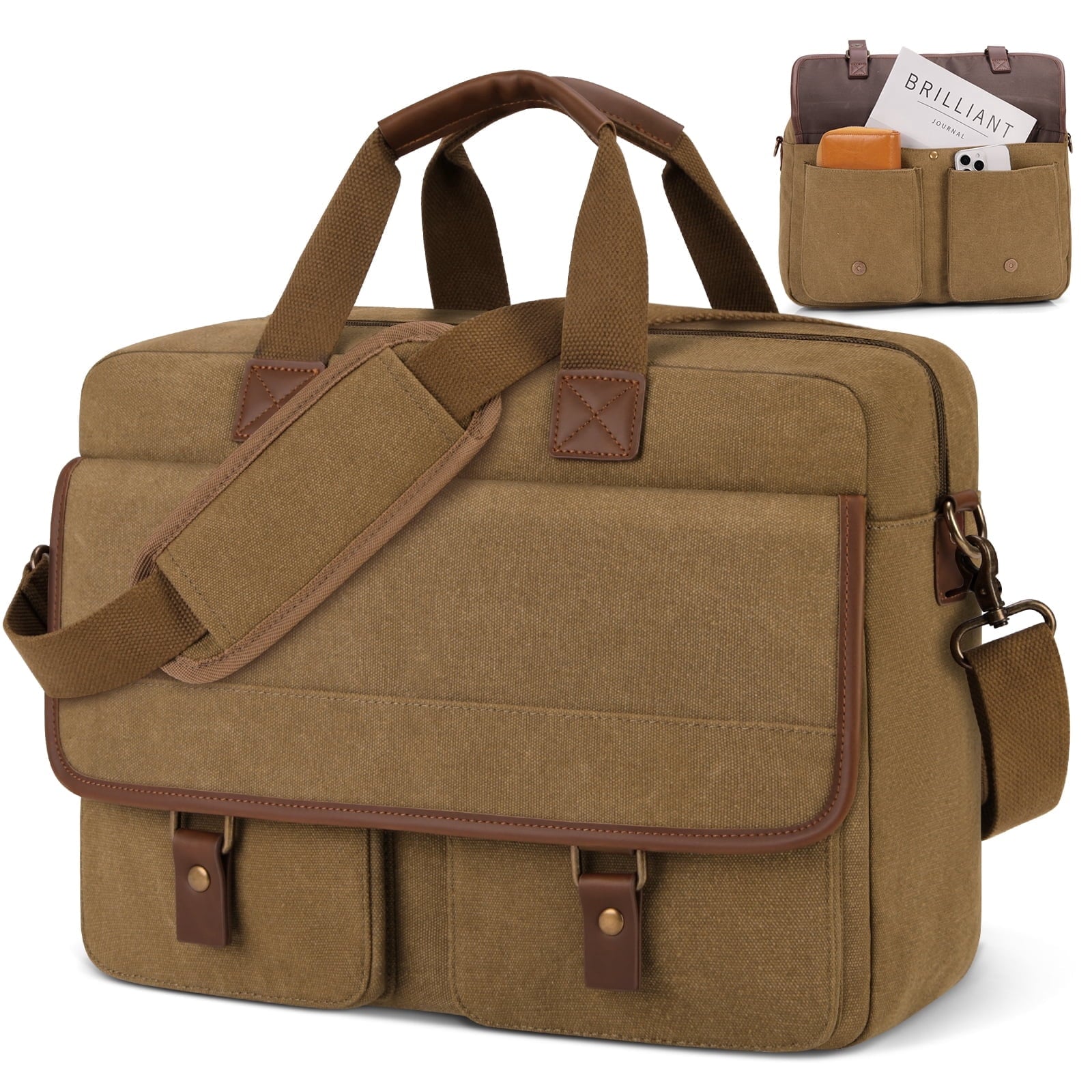 Large Canvas Messenger Bag for Men 15-inch Men's Satchels Crossbody Shoulder Bag Business Briefcase, Brown