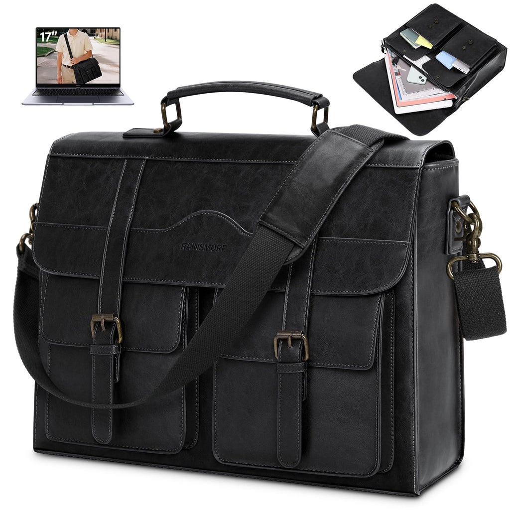17 Inch Vintage Leather Laptop Magnetic Closure Large Satchel Computer Briefcase Shoulder ,Black