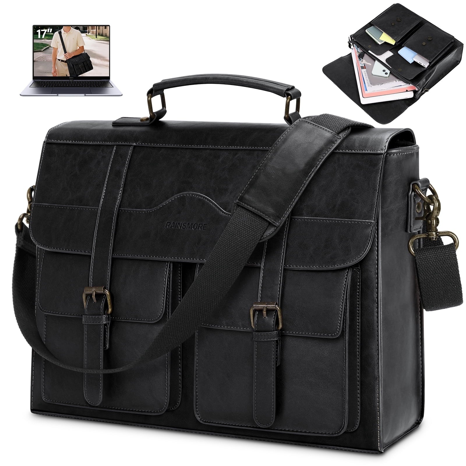 17 Inch Vintage Leather Laptop Magnetic Closure Large Satchel Computer Briefcase Shoulder ,Black