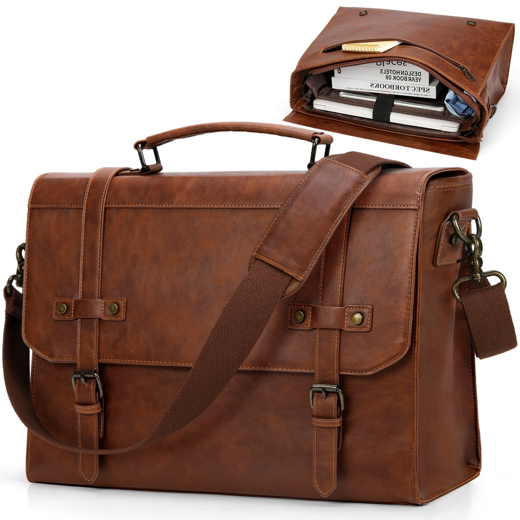 Mens Messenger Bag 17 Inch Waterproof Vintage Leather Laptop Briefcase Satchel Bag Computer Shoulder Bag Large Laptop Bag for Office Busines