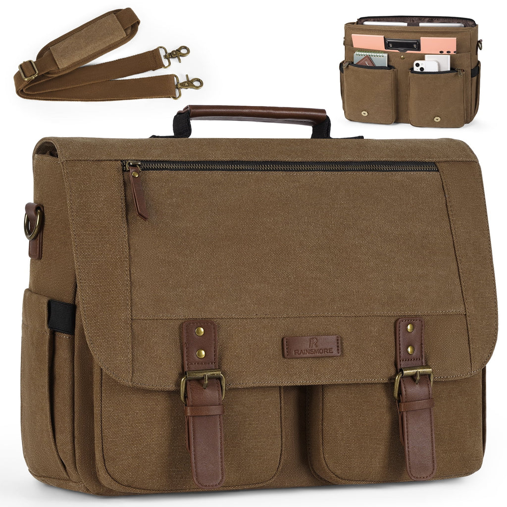 for Men 15.6inch Laptop Water-resistant Canvas Computer Satchel Briefcase for Work College,Brown