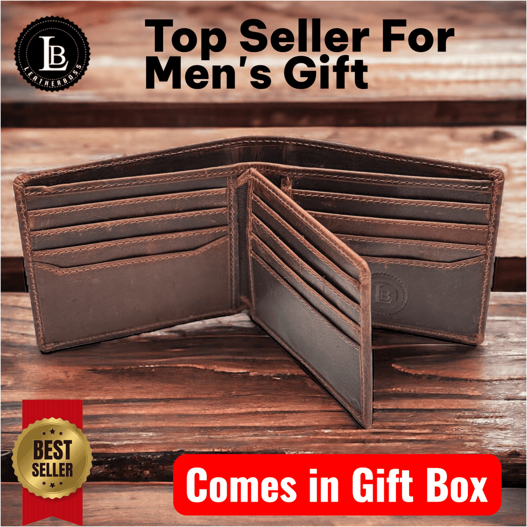 RFID Bifold Leather Wallet For Men with Flip Up ID in Vintage Buffalo Brown