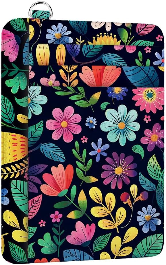 RFID Blocking Credit Card Holder for Women - Flowers and Green Leaves PU Leather Slim Wallet with ID Window 6 Card Sl...