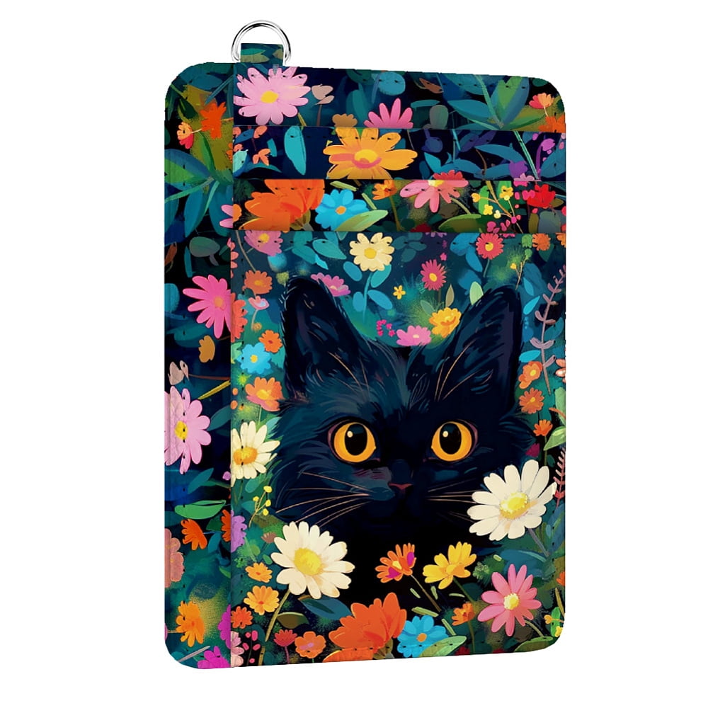 RFID Blocking Credit Card Holder for Women - Flower and Cat PU Leather Slim Wallet with ID Window 6 Card Slots and Ca...